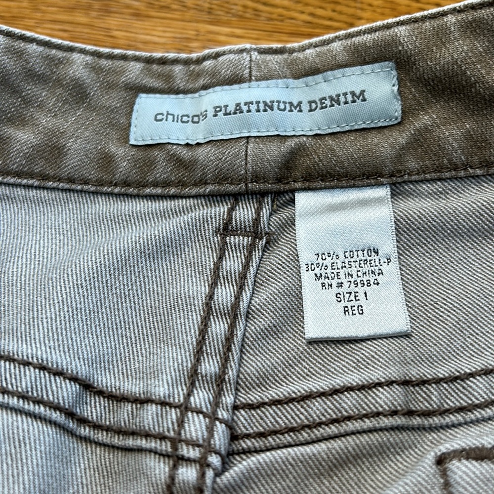 Chico’s Platinum jeans.  Ultimate slim leg style.  Vintage washed brown. Size 8:
